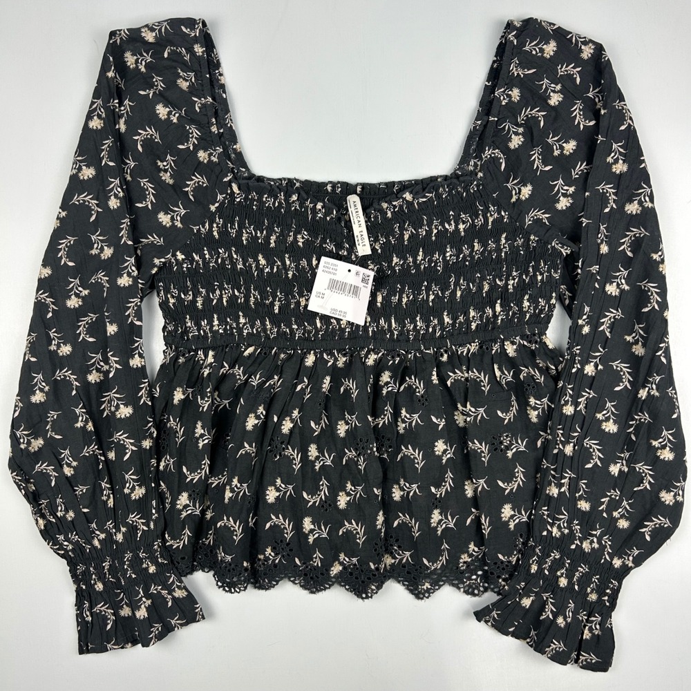 American‎ Eagle Black Floral Smocked Babydoll Top Eyelet Hem Long Sleeve Medium